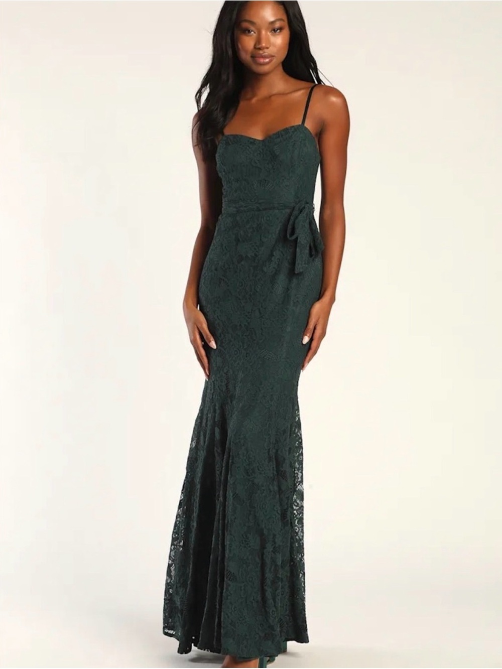 Lulu's Dark Green Lace Spaghetti-Strap Mermaid Gown